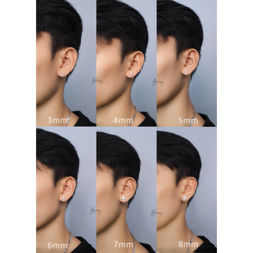 Khuyên tai nam bạc tròn nụ mặt đá bi chốt vặn nhiều size đơn giản, cá tính | GEMY SILVER K190