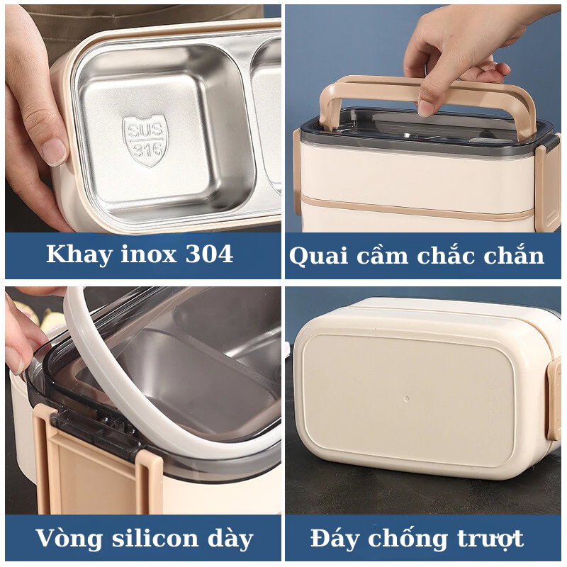 Hộp đựng cơm giữ nhiệt Uchan Hộp cơm văn phòng dùng được trong lò vi sóng TẶNG đũa muỗng SP03