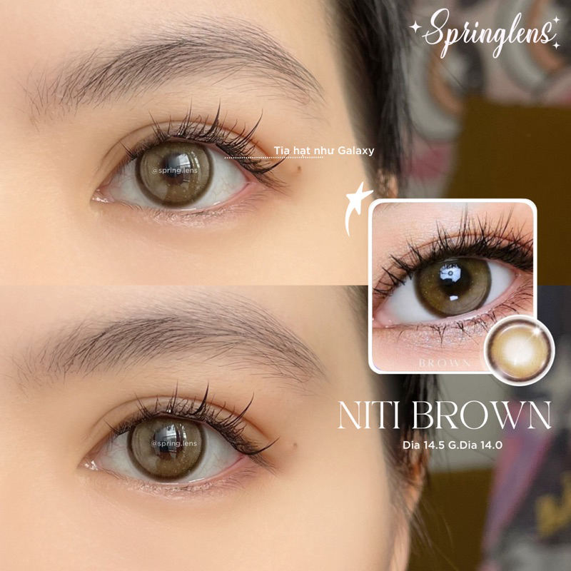 Kính áp tròng NITI BROWN (Triniti) nâu vàng hiệu ứng 2 chiều douyin giãn to 1 tháng | Spring Lens