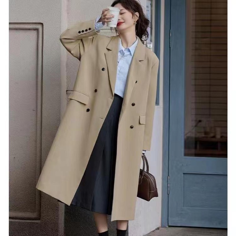 (sẵn)Áo khoác blazer dáng dài qua gối form rộng màu trơn hai lớp dày dặn có độn vai hàng quảng châu cao cấp