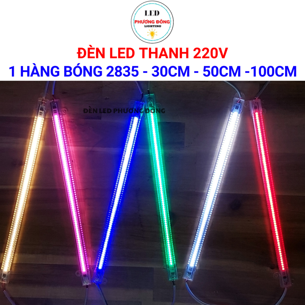 Combo 2 Đèn LED Thanh 220V - 1 hàng bóng 2835 30cm - 50cm - 100cm - Trắng, Vàng, Xanh Lá, Xanh Dương, Đỏ, Hồng