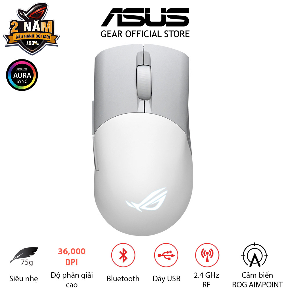 Chuột game FPS không dây ASUS ROG KERIS Wireless AIMPOINT màu trắng, cảm biến ROG Aimpoint, 36000 DPI