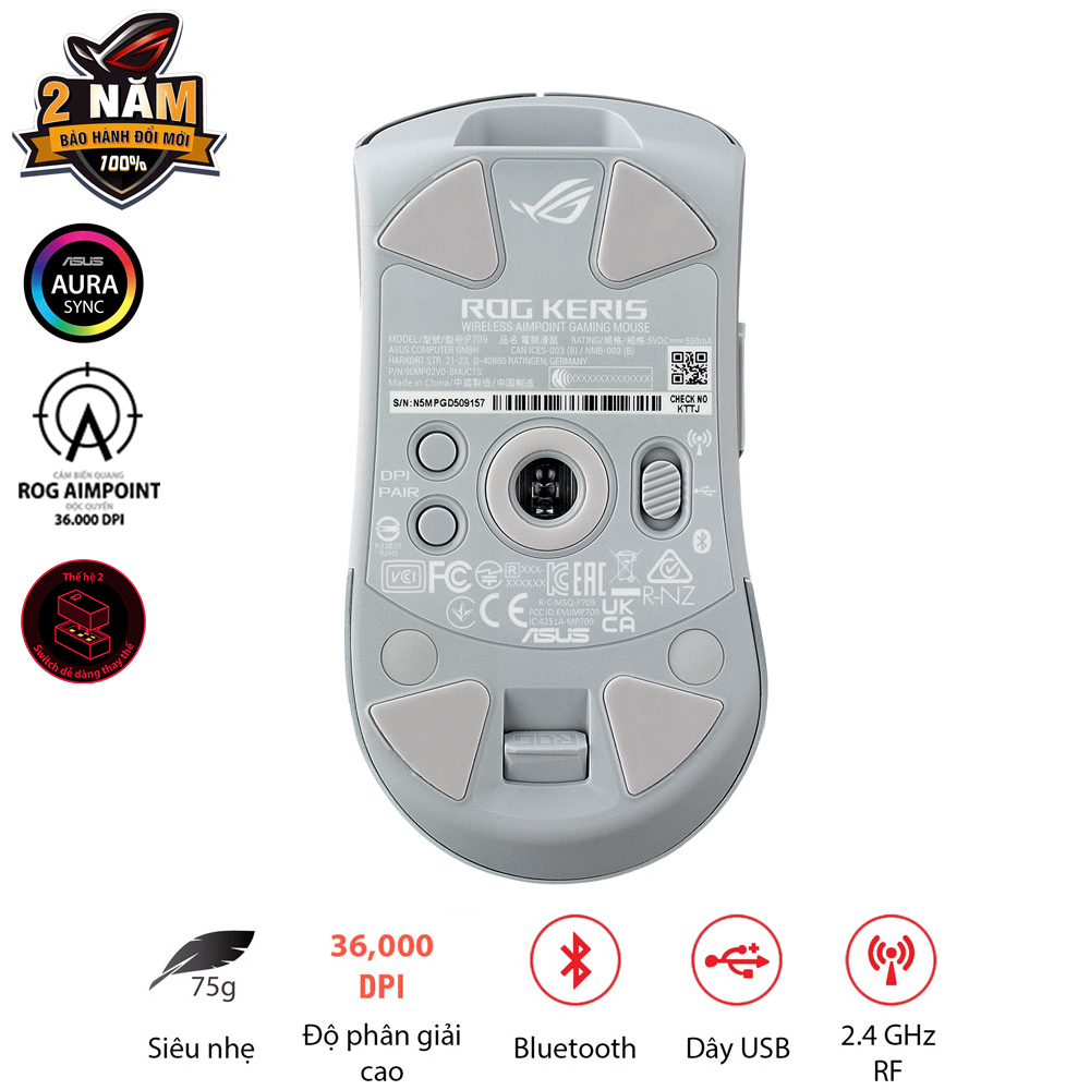 Chuột game FPS không dây ASUS ROG KERIS Wireless AIMPOINT màu trắng, cảm biến ROG Aimpoint, 36000 DPI