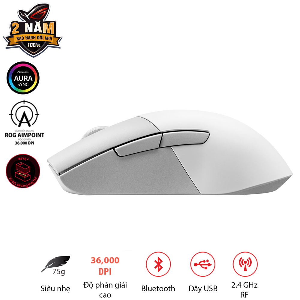 Chuột game FPS không dây ASUS ROG KERIS Wireless AIMPOINT màu trắng, cảm biến ROG Aimpoint, 36000 DPI