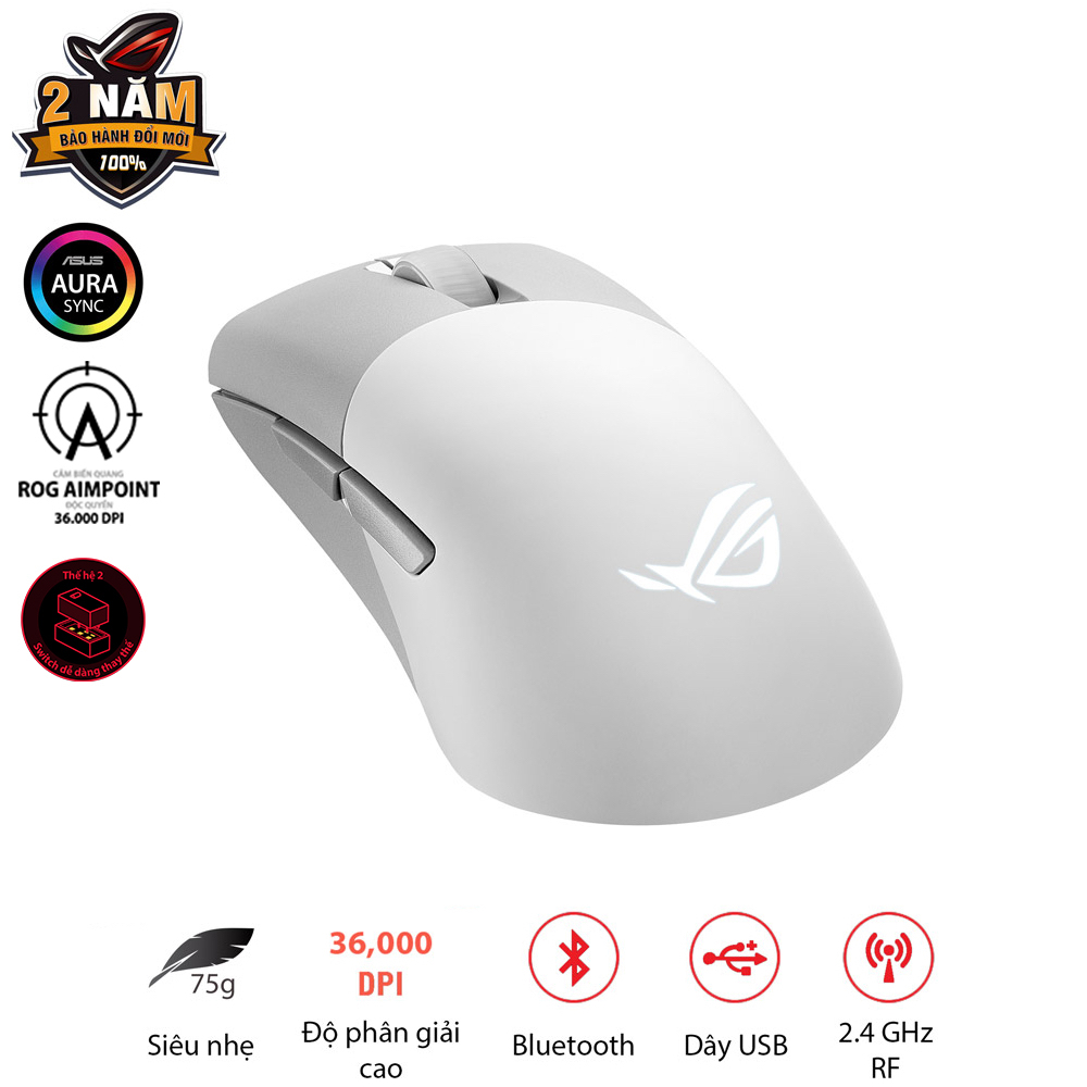 Chuột game FPS không dây ASUS ROG KERIS Wireless AIMPOINT màu trắng, cảm biến ROG Aimpoint, 36000 DPI