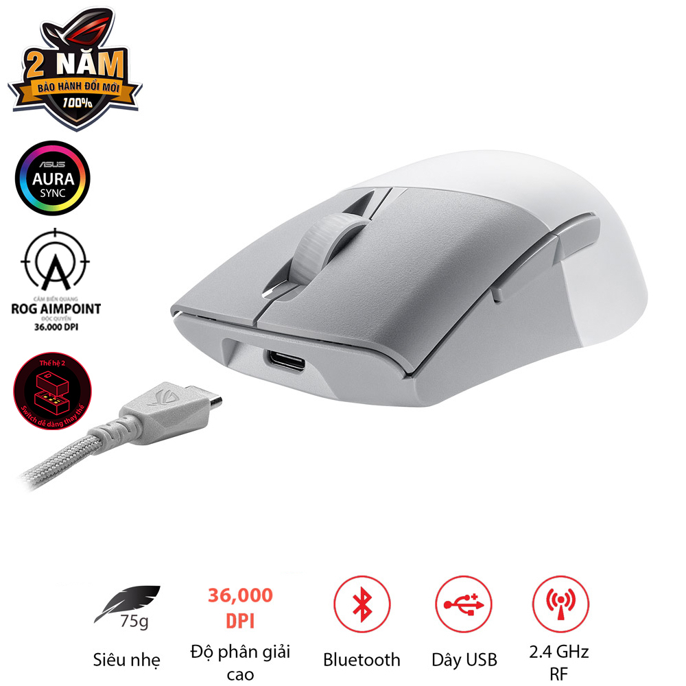Chuột game FPS không dây ASUS ROG KERIS Wireless AIMPOINT màu trắng, cảm biến ROG Aimpoint, 36000 DPI
