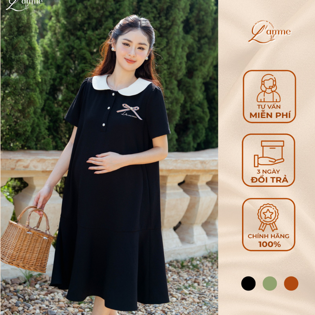 Váy bầu Cata Dress phối cổ sen polo, đính nơ kiểu dáng basic giấu bụng vạt đuôi cá thiết kế by L’amme