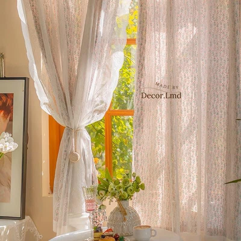 Rèm cửa sổ nhún bèo vải 2 lớp hoa cherry dọc vintage phối ren rèm vải ...