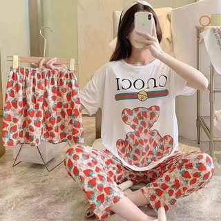 Bộ Đồ Ngủ Mặc Nhà 3 Món Cotton Mùa Thu Đông Họa Tiết Dễ Thương