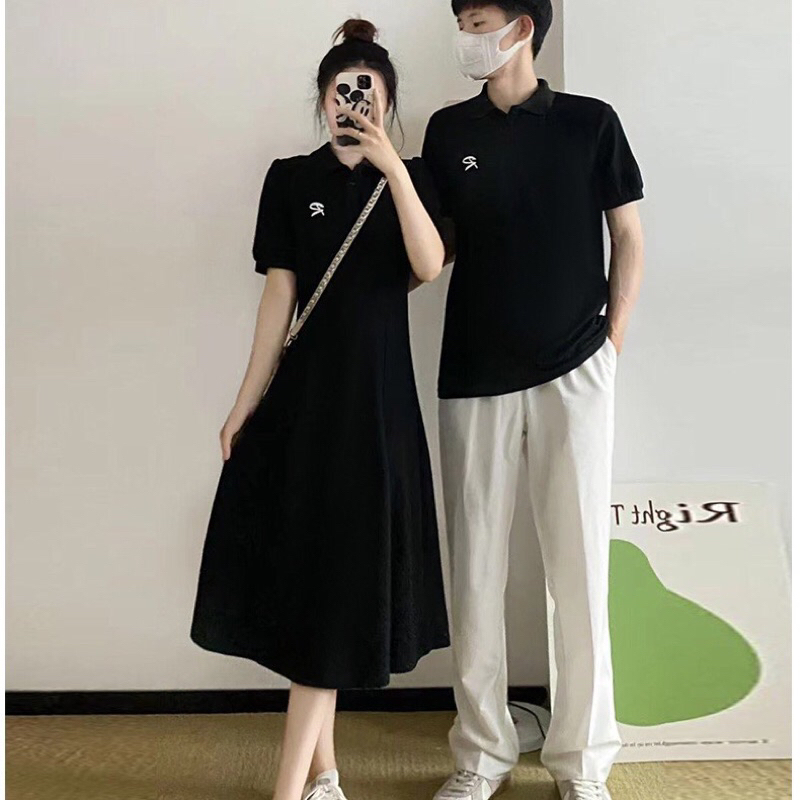 Đầm thun đôi cổ polo form dài dáng xoè in chữ R + Áo thun nam cổ bẻ ...