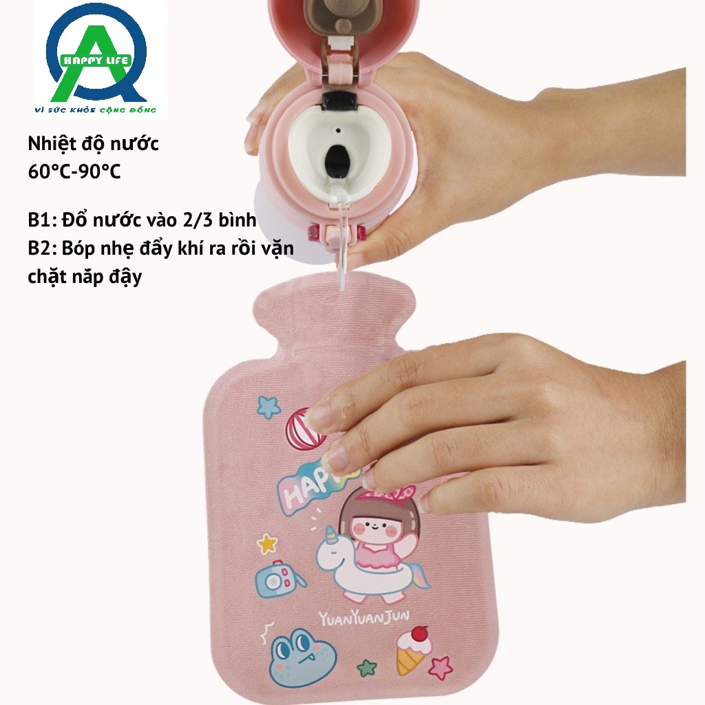 Túi chườm nóng lạnh 300ml- 500ml lông mịn in hoạ tiết hoạt hình giúp giảm đau sưng tấy QA HAPPY LIFE