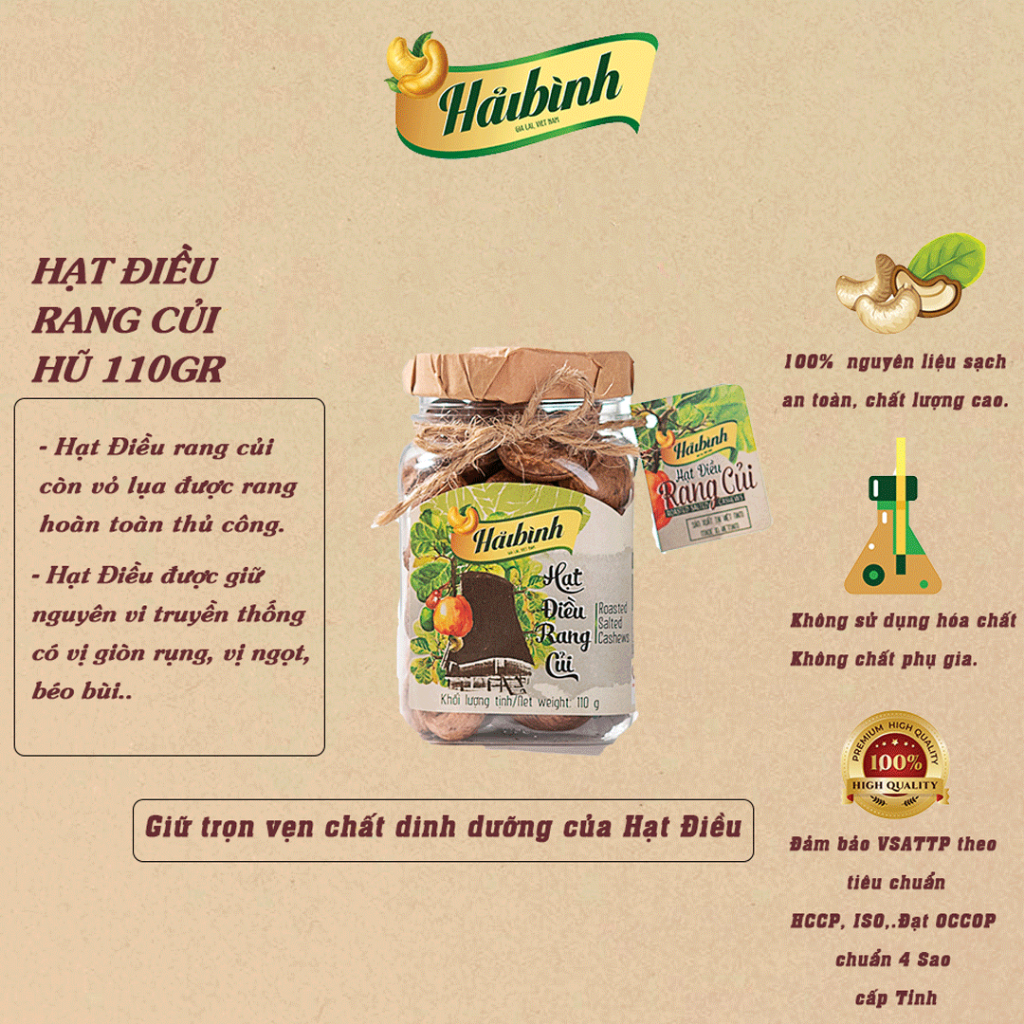 110g Hạt điều rang muối Gia Lai Organic công nghệ rang củi tự nhiên dạng hũ  - Hải Bình Gia Lai