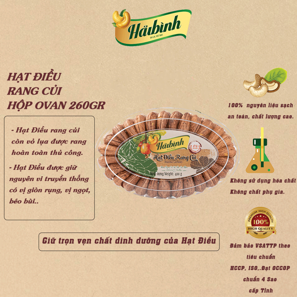 260g Hạt điều rang muối Gia Lai Organic công nghệ rang củi tự nhiên hộp Oval  - Hải Bình Gia Lai