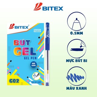 Bút Gel Bitex G02 mực xanh, mực đỏ, mực đen, ngòi 0.5mm không chảy mực (1 cây)