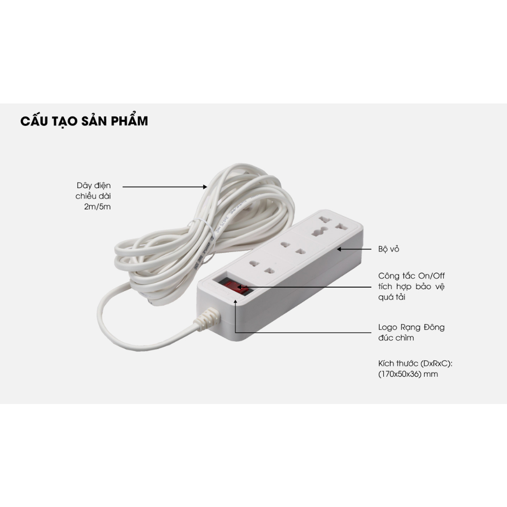 Ảnh Ổ cắm kéo dài 2m và 5m Rạng Đông - Model: OC05 3C/2M/10A 2