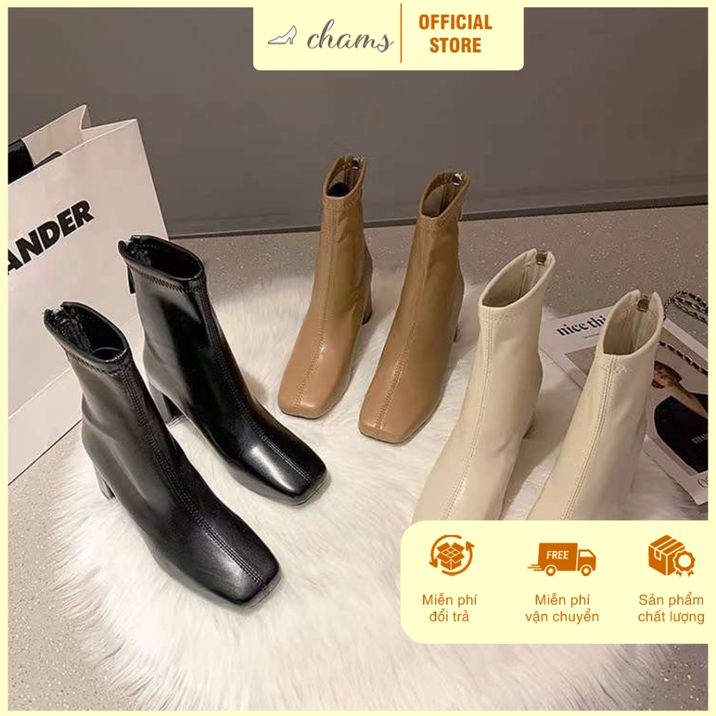 Bốt nữ cao cổ CHAM SHOES, boots lót nỉ da mềm,boot khóa kéo sau đế ...