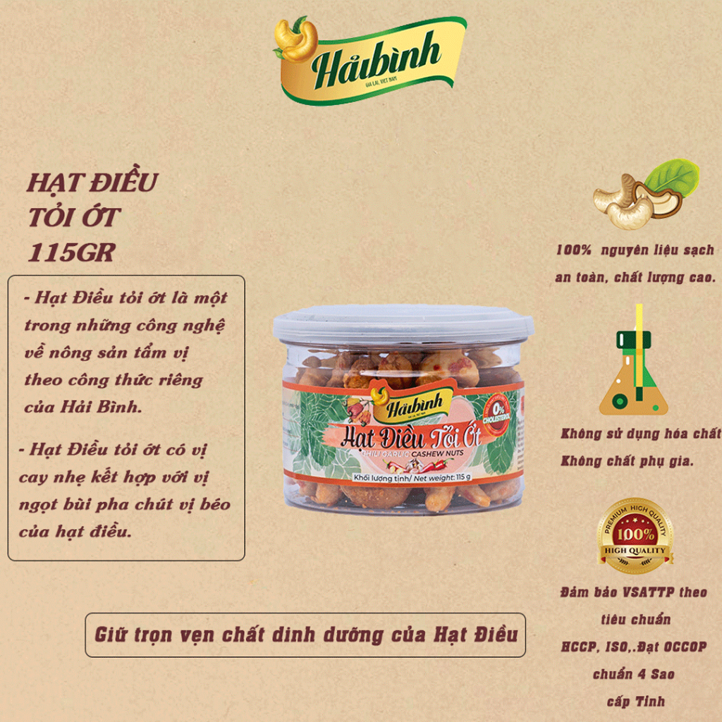 115g Hũ Pet Hạt Điều Tẩm Vị Tỏi Ớt Hải Bình Gia Lai - Thơm ngon, giòn rụm, béongậy, hương vị độc đáo