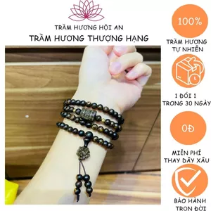 Vòng tay chuỗi hạt trầm hương sánh chìm 6li 108 hạt mix hoa sen và trúc khắc, nam nữ thanh lịch phong thủy.