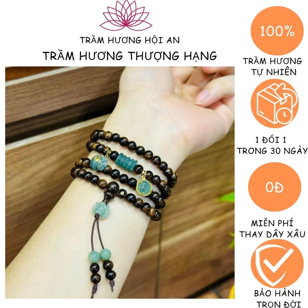 Vòng tay trầm hương sánh chìm 6 ly 108 hạt mix đá thạch anh cao cấp màu xanh kèm vàng 10 ka, dành cho nữ.