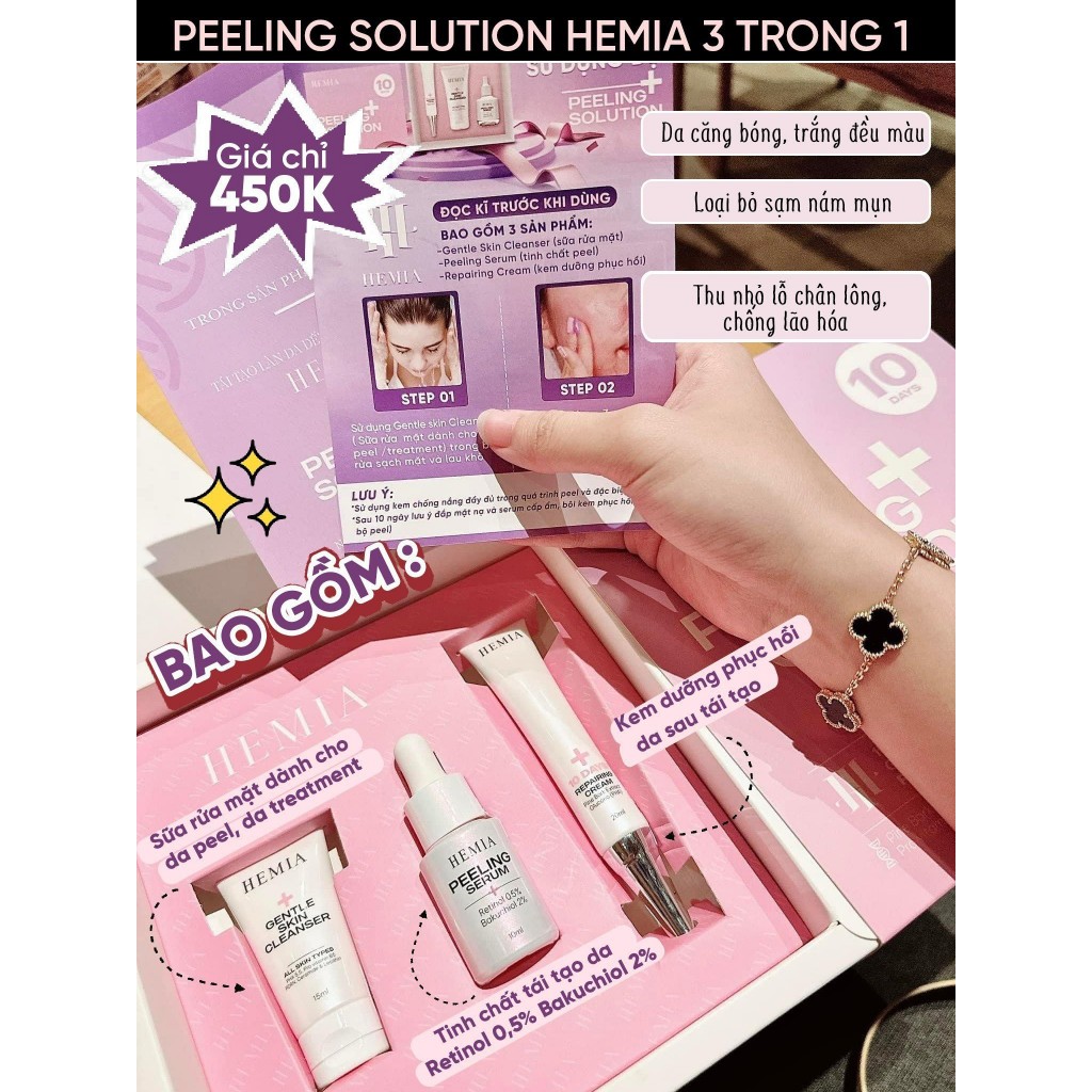 Ảnh Set 3 sản phẩm peel da HEMIA gồm sữa rửa mặt, tinh chất tái tạo retinol 0.5%, kem dưỡng phục hồi da 1