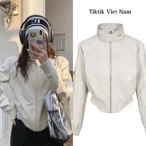 Áo khoác da khóa zip dáng ngắn bo chun phần tay có khuy cài cổ màu trắng phong cách năng động cá tính AKDT002 - Tiktik