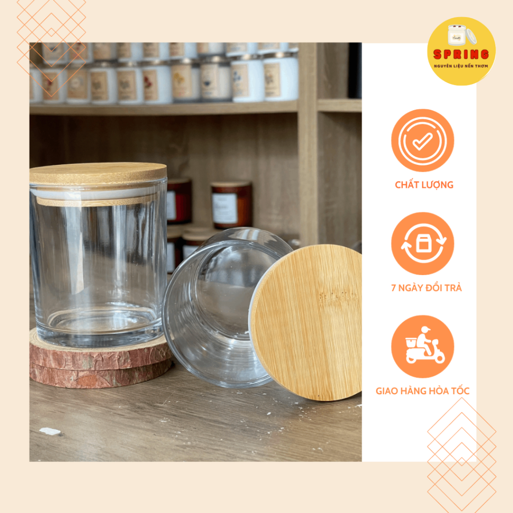 (giá sỉ sll chỉ từ 1x) Cốc đựng nến thủy tinh trong suốt có nắp gỗ - hũ ...