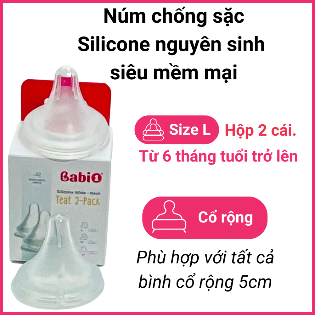 Hộp 2 Núm Ti Babi 1 Silicone Y Khoa Thế Hệ 4 Chống Sặc Size L (Cho Bình Cổ Rộng 5cm)