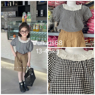 Đồ bộ bé gái quần kaki short kaki mềm kèm áo sơ mi kẻ cổ bèo siêu phong cách châu Âu bé gái 10-45kg