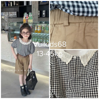 Đồ bộ bé gái quần kaki short kaki mềm kèm áo sơ mi kẻ cổ bèo siêu phong cách châu Âu bé gái 10-45kg