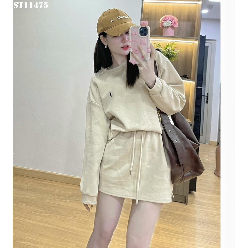 Set bộ áo SWEATER logo ngựa thêu kèm chân váy nỉ dáng chữ A tôn dáng hàng quảng châu