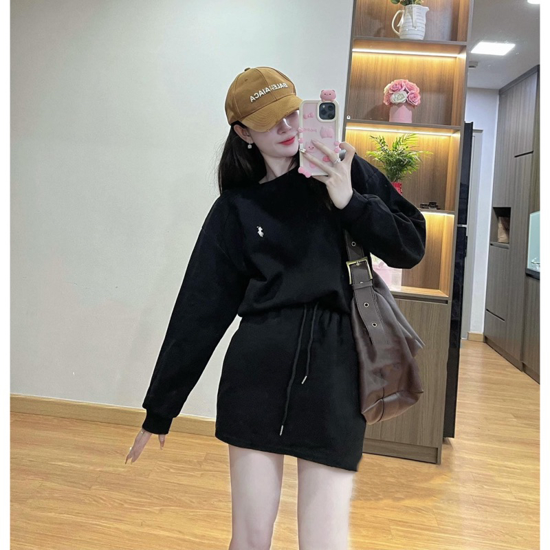 Set bộ áo SWEATER logo ngựa thêu kèm chân váy nỉ dáng chữ A tôn dáng hàng quảng châu