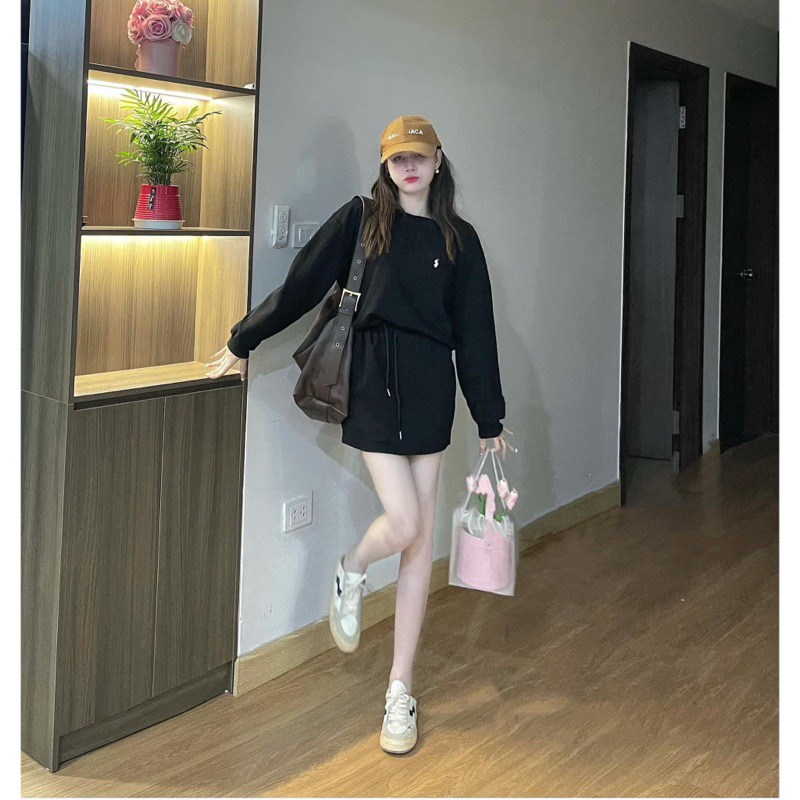 Set bộ áo SWEATER logo ngựa thêu kèm chân váy nỉ dáng chữ A tôn dáng hàng quảng châu