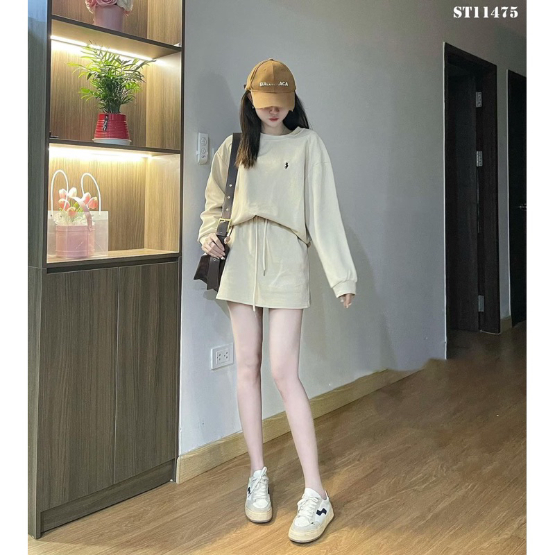 Set bộ áo SWEATER logo ngựa thêu kèm chân váy nỉ dáng chữ A tôn dáng hàng quảng châu