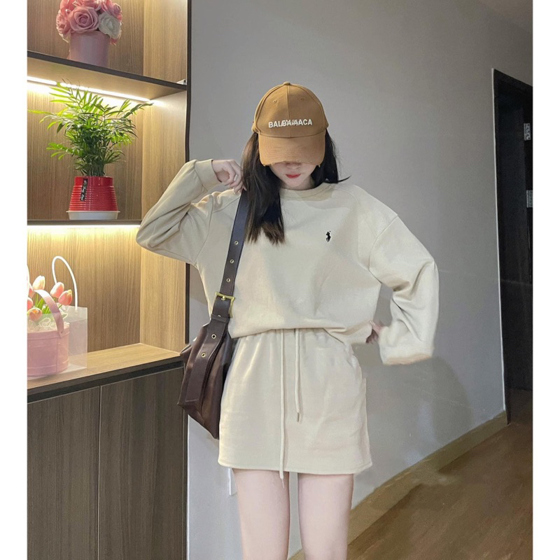 Set bộ áo SWEATER logo ngựa thêu kèm chân váy nỉ dáng chữ A tôn dáng hàng quảng châu