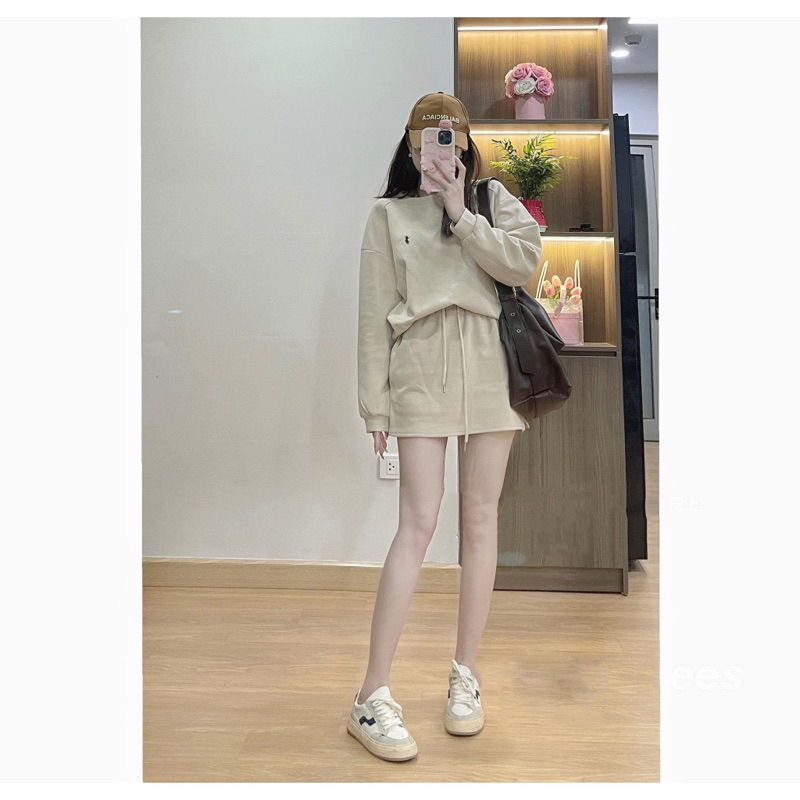 Set bộ áo SWEATER logo ngựa thêu kèm chân váy nỉ dáng chữ A tôn dáng hàng quảng châu