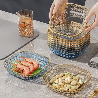 Đĩa nhựa đựng trái cây giả pha lê PET, khay đựng thức ăn viền vàng trong suốt
