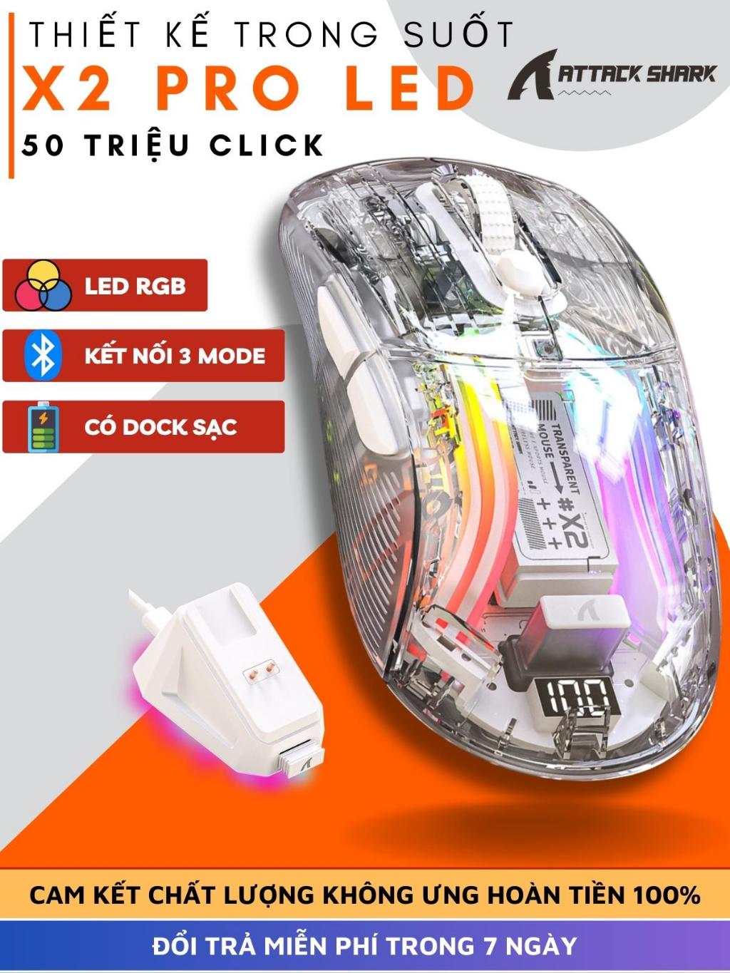 Chuột Không Dây Gaming Attack Shark X2 PRO Trong Suốt LED RGB, Pin Trâu ...
