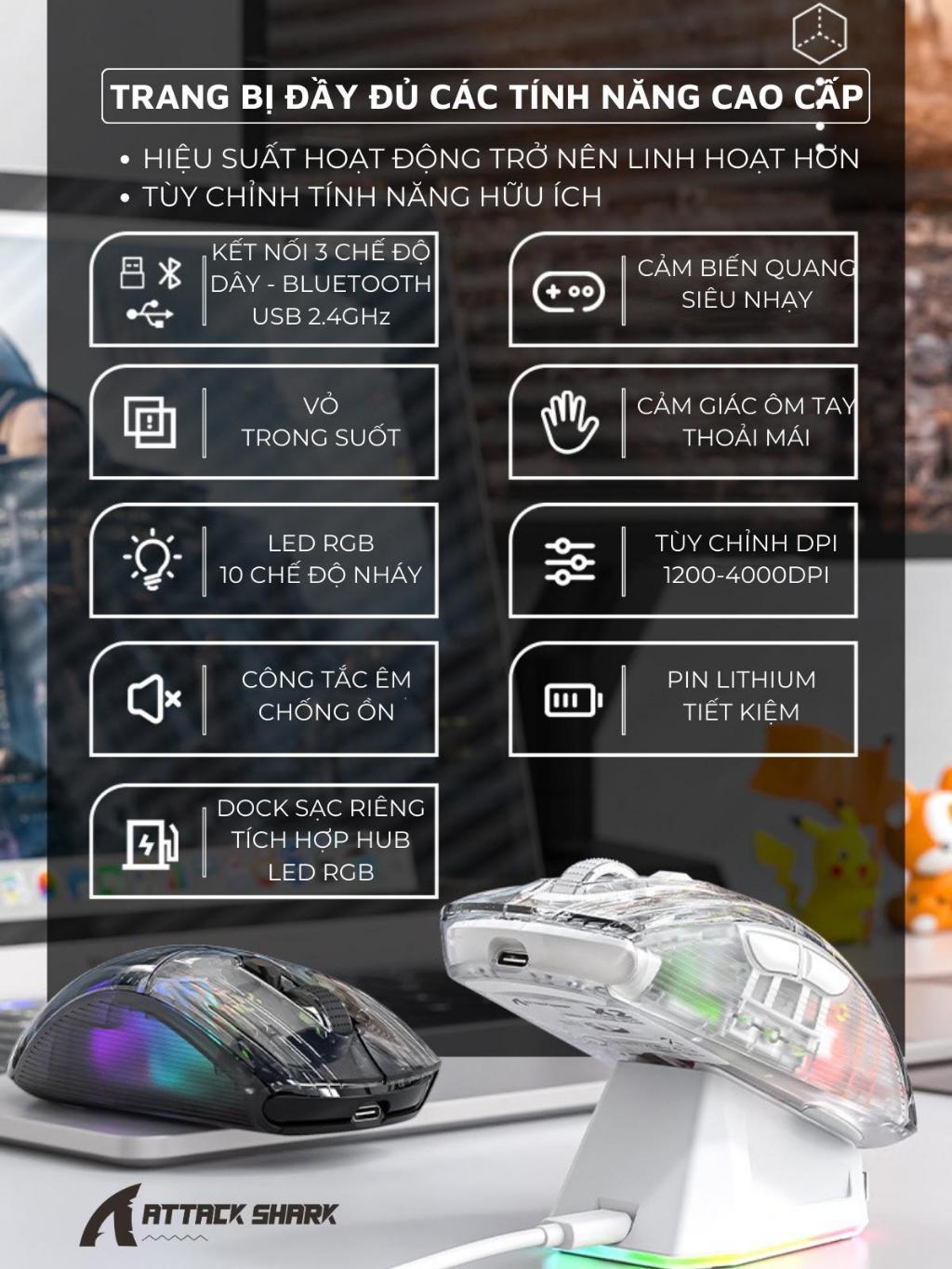 Chuột Không Dây Gaming Attack Shark X2 PRO Trong Suốt LED RGB, Pin Trâu ...