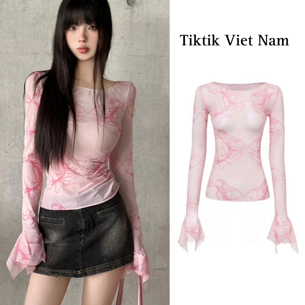 (sẵn) Áo dài tay cổ thuyền chất voan lưới màu hồng hình bướm phong cách y2k ADTC001  - Tiktik