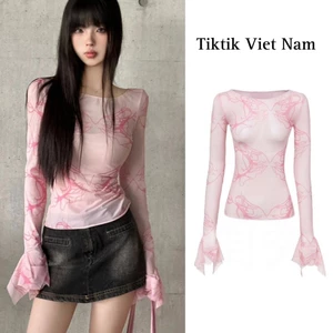 Áo dài tay cổ thuyền chất voan lưới màu hồng hình bướm phong cách y2k ADTC001 - Tiktik