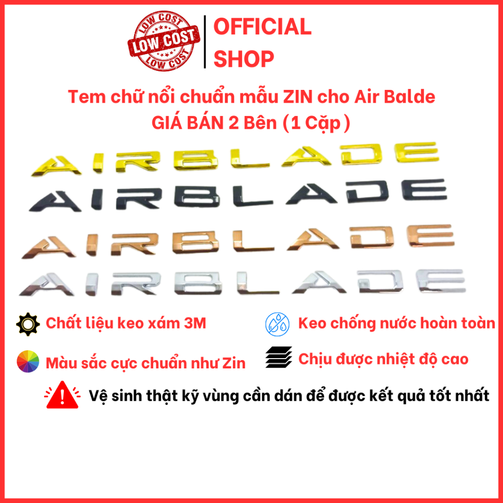 Cặp tem chữ nổi mẫu Zin AIR BLADE đời mới nhựa cứng siêu bền, keo dán ...