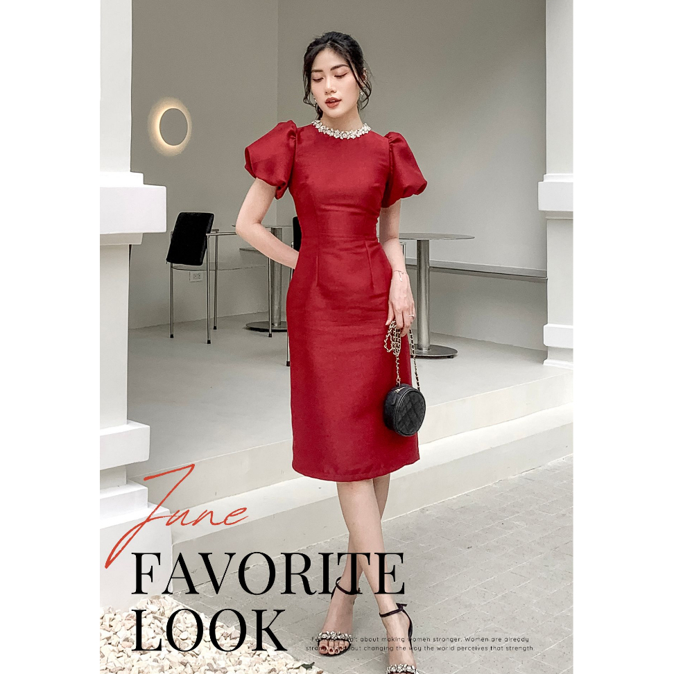 RẬP – Đầm Đỏ Tay Phồng Đính Đá Trắng Cổ – TITI 06 ROSIE