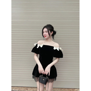 Áo nhung dáng Tay bồng cai hoa-Áo nhung Trễ Vai ôm body