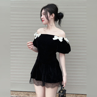 Áo nhung dáng Tay bồng cai hoa-Áo nhung Trễ Vai ôm body