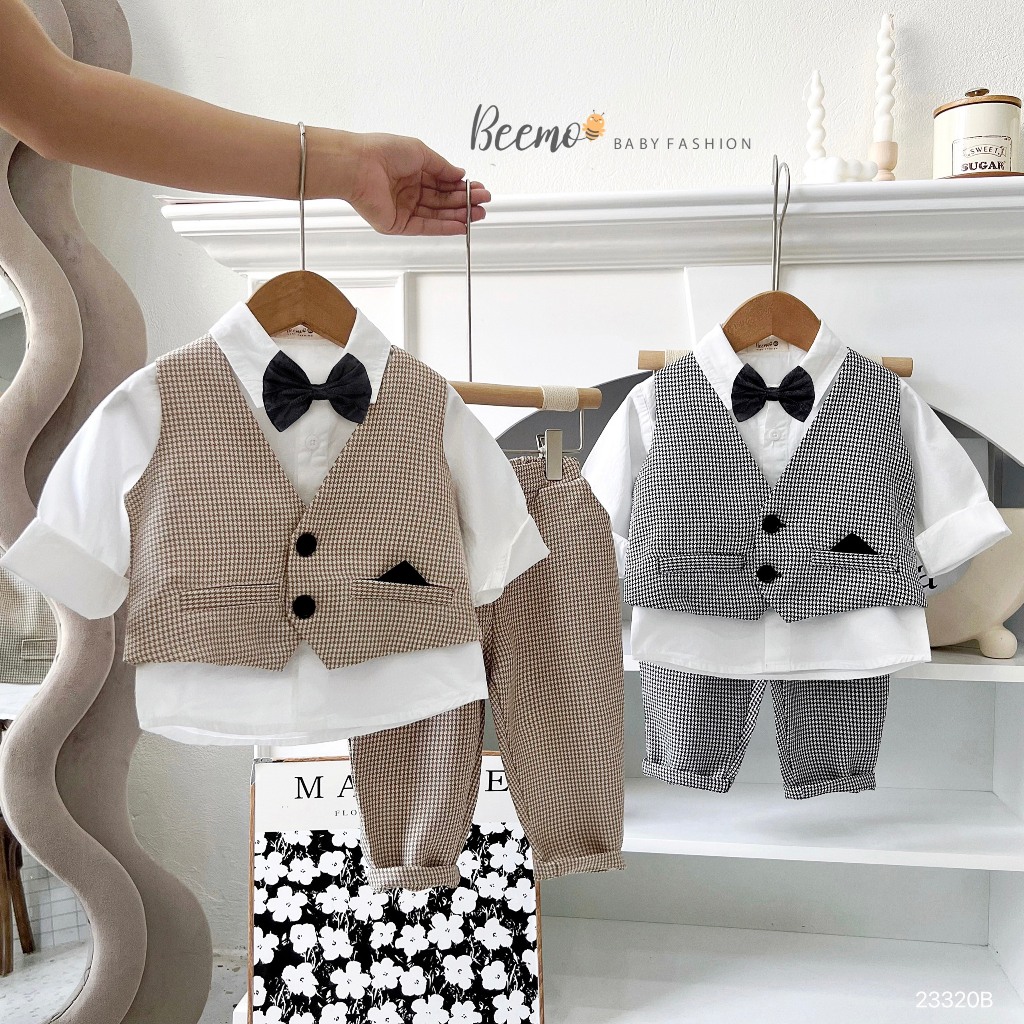 Bộ vest gile công tử kèm nơ, set bộ sơ mi kèm gile vest 4 chi tiết cho bé trai Beemo