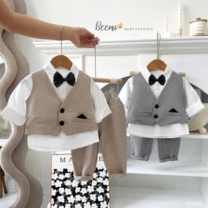 Bộ vest gile công tử kèm nơ, set bộ sơ mi kèm gile vest 4 chi tiết cho bé trai Beemo