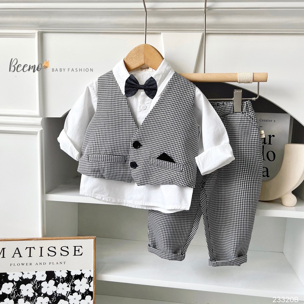 Bộ vest gile công tử kèm nơ, set bộ sơ mi kèm gile vest 4 chi tiết cho bé trai Beemo