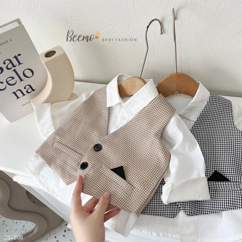 Bộ vest gile công tử kèm nơ, set bộ sơ mi kèm gile vest 4 chi tiết cho bé trai Beemo