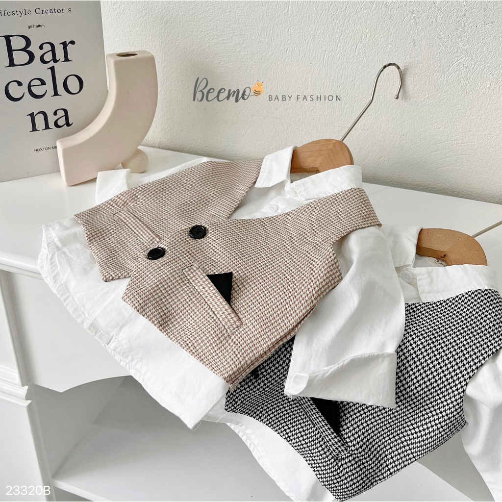 Bộ vest gile công tử kèm nơ, set bộ sơ mi kèm gile vest 4 chi tiết cho bé trai Beemo