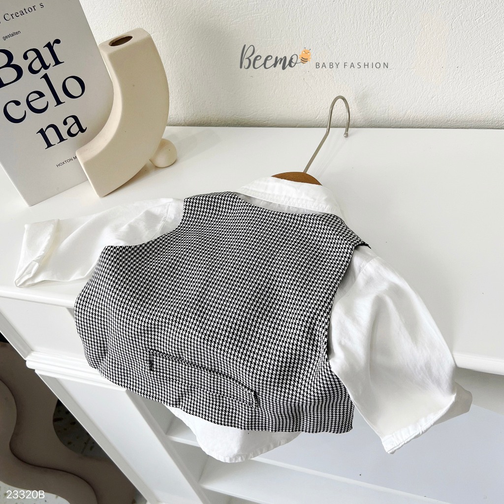 Bộ vest gile công tử kèm nơ, set bộ sơ mi kèm gile vest 4 chi tiết cho bé trai Beemo